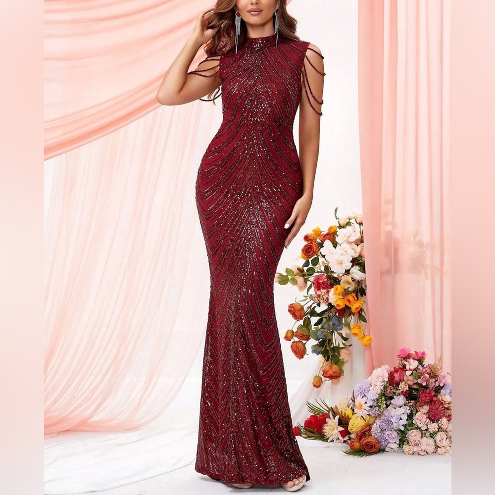 Luxe burgundy beaded mermaid hem party formal evening sequins  gown dress